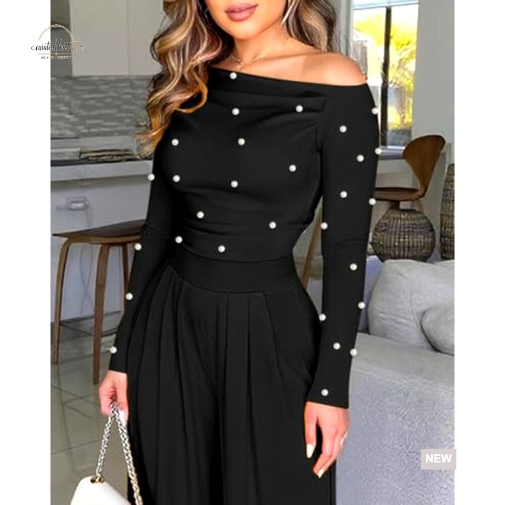 Long Sleeve Jumpsuit with Pearl Decor, Ruched Waist, Regular Fit, Medium - Picture 5 of 7
